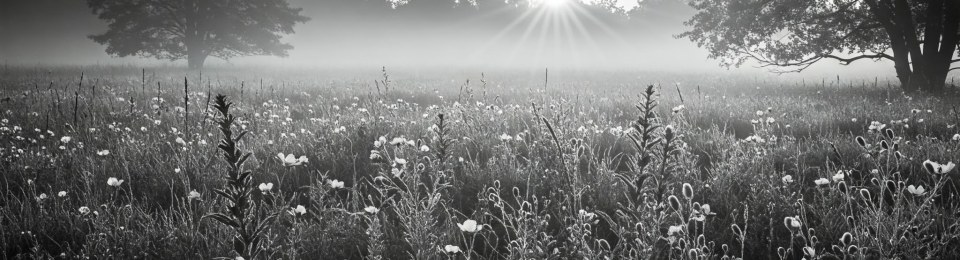 A sunrise over a field of flowers, grass, and trees.