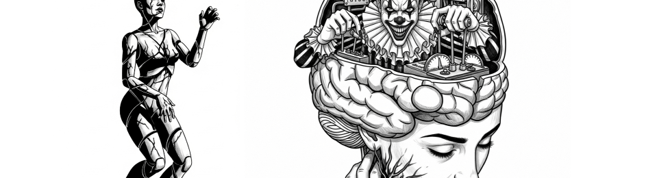 Woman in pain with clown in brain turning knobs and levers which affect her pain