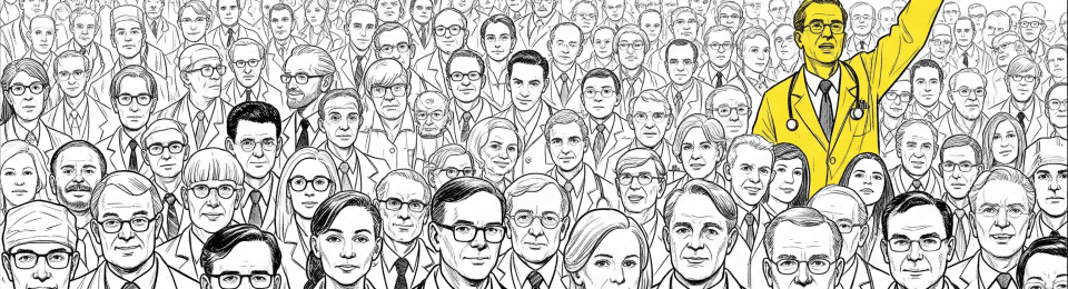 A sea of doctors in black and white, with one in yellow in the back right raising his hand